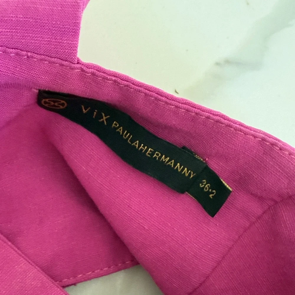 Bright Pink Women's Linen Blend Romper - Picture 3 of 6